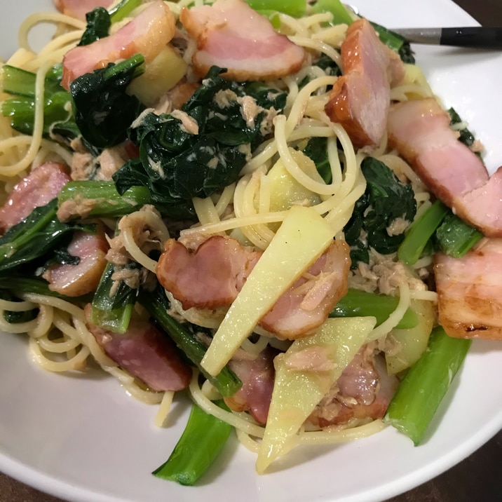 1人ランチに!小松菜とベーコンの和風パスタ